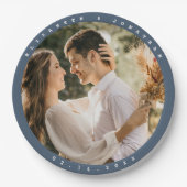 ダスティエレガントブルーグレーのカップルの写真結婚の ペーパープレート (正面)