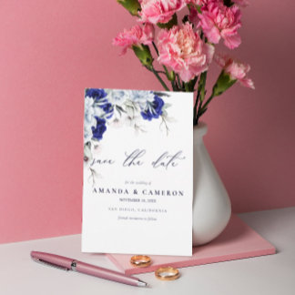 ダスティエレガントブルーネイビーフローラQRコード結婚s セーブザデート