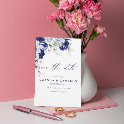 ダスティエレガントブルーネイビーフローラQRコード結婚s セーブザデート