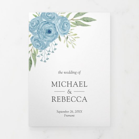 ダスティエレガントブルーバラフォトコラ結婚ージュ 三つ折り招待状 (カバー)