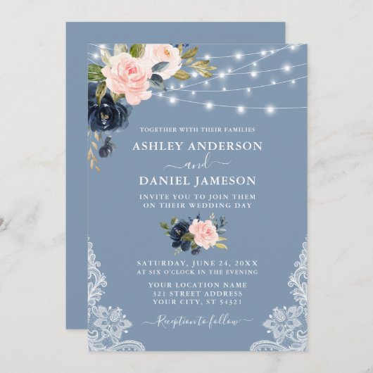 ダスティエレガントブルーピンクフローラライトレース結婚ズ 招待状 (正面/裏面)