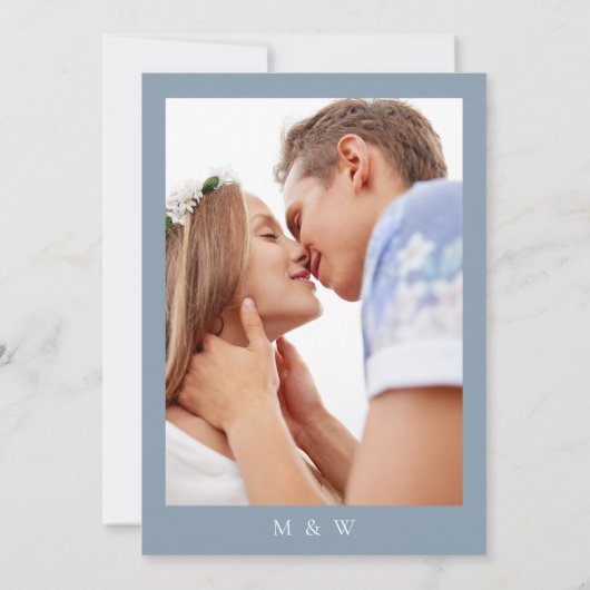 ダスティエレガントブルーフォトウェディング日付を保存 セーブザデート (裏面)