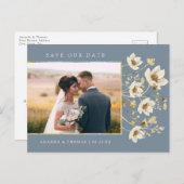 ダスティエレガントブルーフォトウェディング日付を保存 案内ポストカード (正面/裏面)