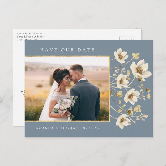 ダスティエレガントブルーフォトウェディング日付を保存 案内ポストカード (正面/裏面)