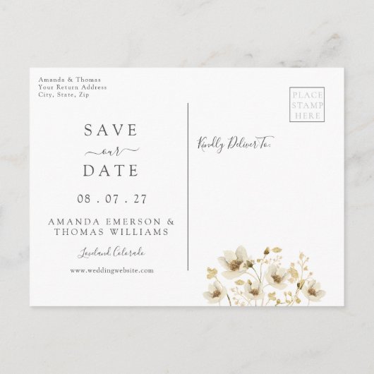 ダスティエレガントブルーフォトウェディング日付を保存 案内ポストカード (裏面)