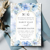 ダスティエレガントブルーフローラガーデンモノグラム結婚ズ 招待状