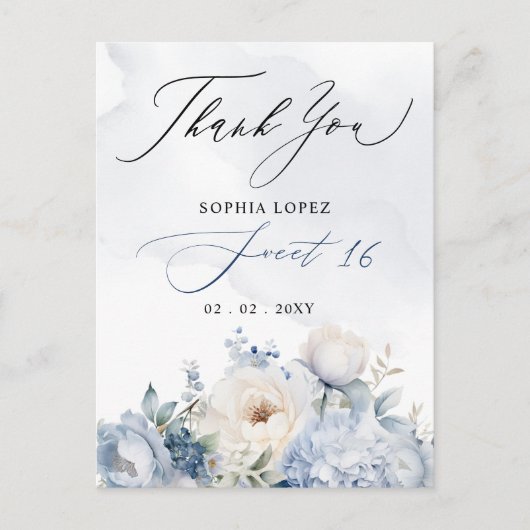 ダスティエレガントブルーフローラスウィート16ありがとう ポストカード (正面)