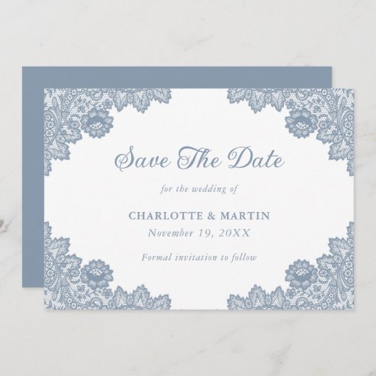 ダスティエレガントブルーフローラレース結婚ズ セーブザデート (正面/裏面)
