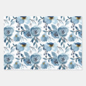 ダスティエレガントブルーホワイトフローラバラセット3 ラッピングペーパーシート (正面)