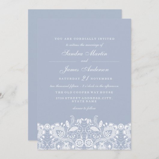ダスティエレガントブルーホワイトレース結婚式の招待 招待状 (正面/裏面)