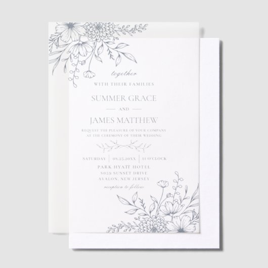 ダスティエレガントブルーラインアートフローラ結婚ズ ベラム紙招待状 (オフセット)
