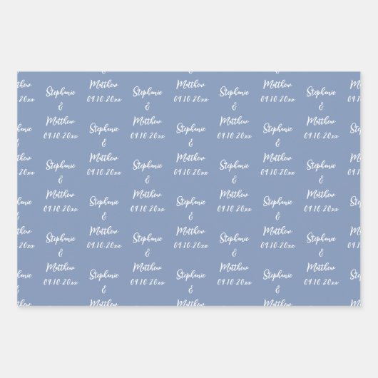 ダスティエレガントブルー新郎新婦の名前の結婚式 ラッピングペーパーシート (正面)