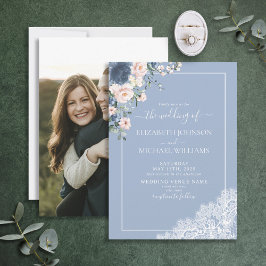ダスティエレガントブルー赤面レーススクリプト結婚写真 招待状
