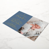 ダスティエレガントブルー金ゴールドクロスベビーバプテスマ写真 箔招待状 (回転した状態)
