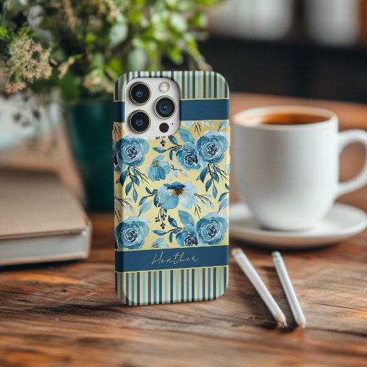 ダスティエレガントブルー金ゴールドフローラモノグラストライプム iPhoneケース