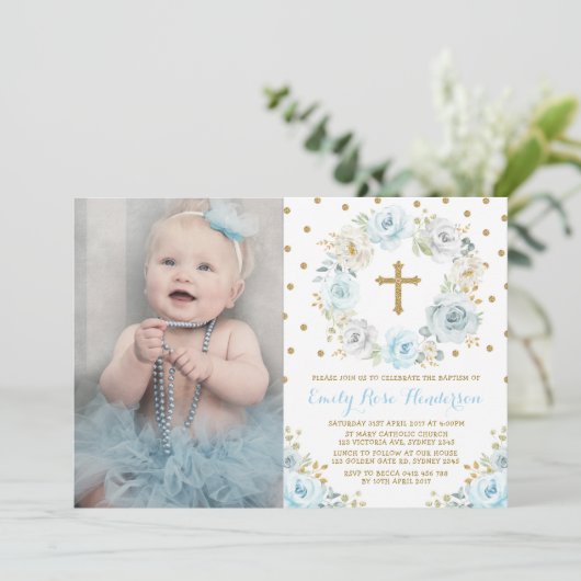 ダスティエレガントブルー金ゴールドフローラ洗礼聖餐会 招待状 (スタンド正面)