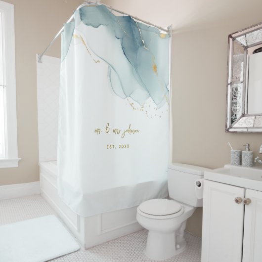 ダスティエレガントブ航海のブルー金ゴールドカップル結婚ズ シャワーカーテン (インサイチュ)