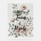 ダスティオリーブピンク&金ゴールド水彩フローラ結婚ズ アクリルサイン (正面)