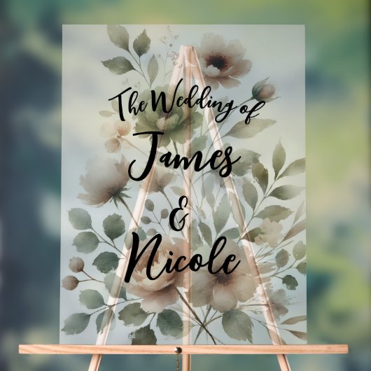 ダスティオリーブピンク&金ゴールド水彩フローラ結婚ズ アクリルサイン (ニュートラル)