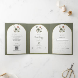 ダスティオリーブピンク&金ゴールド水彩フローラ結婚ズ 三つ折り招待状