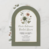 ダスティオリーブ&ピンクウォーターカラーフローラブライダルシャワー 招待状 (正面/裏面)