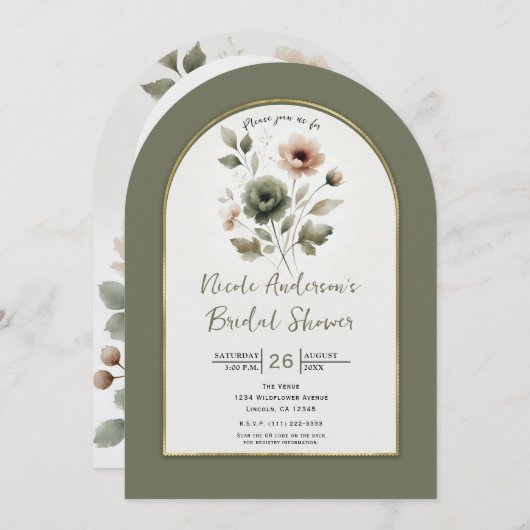 ダスティオリーブ&ピンクウォーターカラーフローラブライダルシャワー 招待状 (正面/裏面)