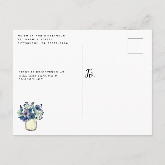 ダスティカントリーブルーメイソンジャーブライダルシャワー インビテーションポストカード (裏面)