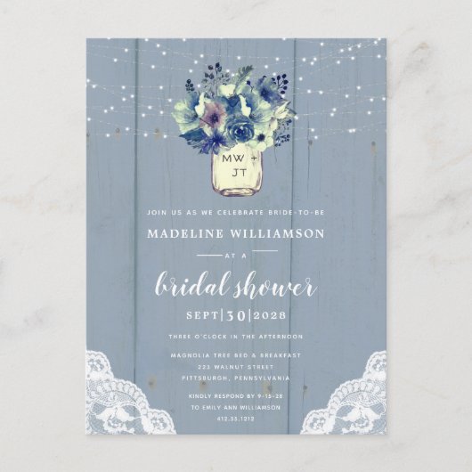 ダスティカントリーブルーメイソンジャーブライダルシャワー インビテーションポストカード (正面)