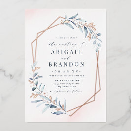 ダスティグリーナリーローズゴールド幾何学デザインのラスティックウェディング 箔招待状