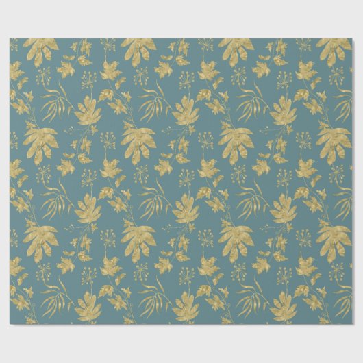 ダスティグリーンとゴールドの色の植物と葉 ラッピングペーパー (フラット)