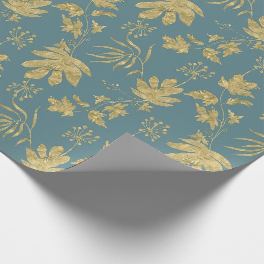 ダスティグリーンとゴールドの色の植物と葉 ラッピングペーパー (角)