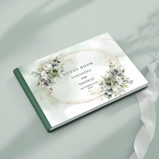 ダスティグリーンの植物の葉の結婚式ゲストブック ゲストブック