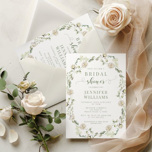 ダスティグリーングリーナリーフローラリースブライダルシャワー 招待状