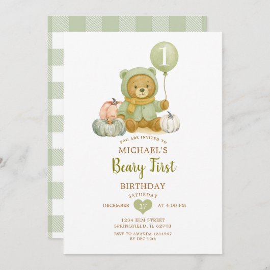 ダスティグリーンセージ秋ベイリーファースト誕生日 招待状 (正面/裏面)