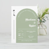 ダスティグリーンレトロアーチフォトQRコードRSVP Groovy 招待状 (スタンド正面)