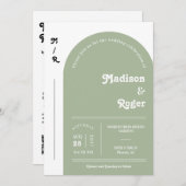 ダスティグリーンレトロアーチフォトQRコードRSVP Groovy 招待状 (正面/裏面)