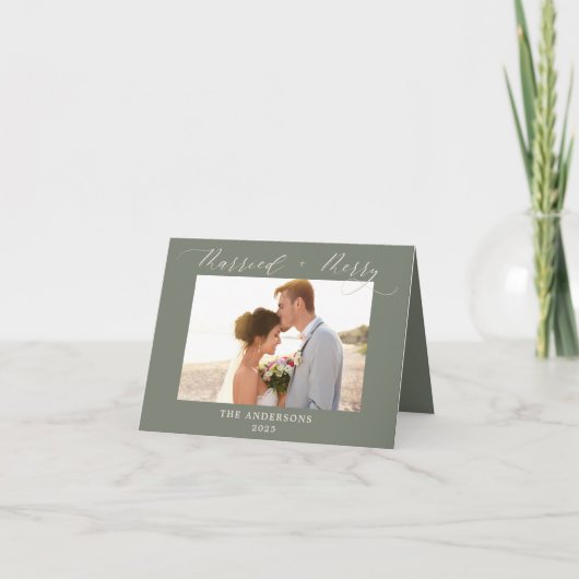 ダスティグリーン写真 新婚 楽しいクリスマス サンキューカード (正面)