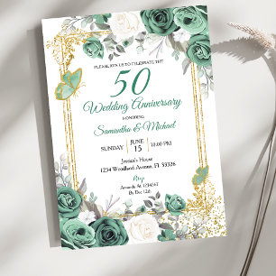 ダスティグリーン フローラル ゴールド 50周年 結婚記念日 招待状