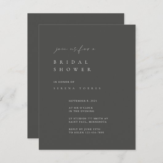 ダスティグレイのミニマリストのブライダルシャワーの招待 招待状 (正面/裏面)