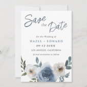 ダスティシンプルブルーフォトウェディング日付カードを保存 セーブザデート (正面)