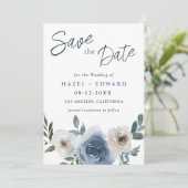 ダスティシンプルブルーフォトウェディング日付カードを保存 セーブザデート (スタンド正面)