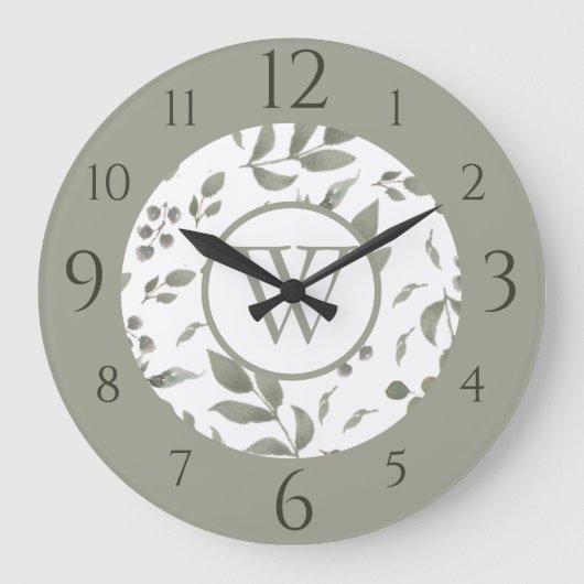 ダスティジェイドグリーン水彩ユーカリ葉プタス ラージ壁時計 (正面)