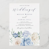 ダスティスカイブルーゴージャス結婚フローラの銀 箔招待状 (正面)