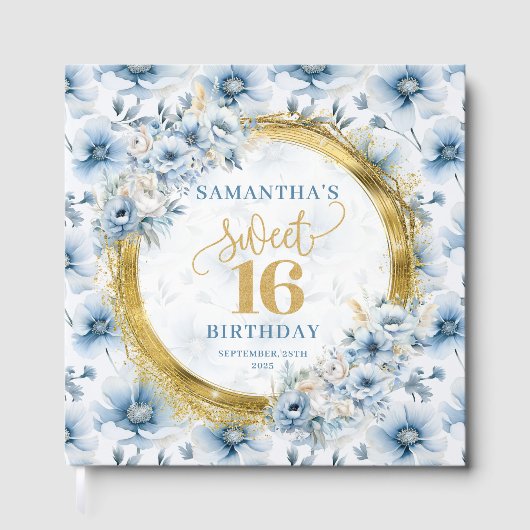 ダスティスタイリッシュブルーフローラ金ゴールドスウィート16ゲストブック ゲストブック (正面)