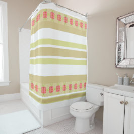 ダスティストライプフローラアクセント付きバラ シャワーカーテン