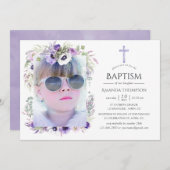 ダスティスバイオレットフローラバプテスマまたは《キリスト教》洗礼式や命名式 招待状 (正面/裏面)