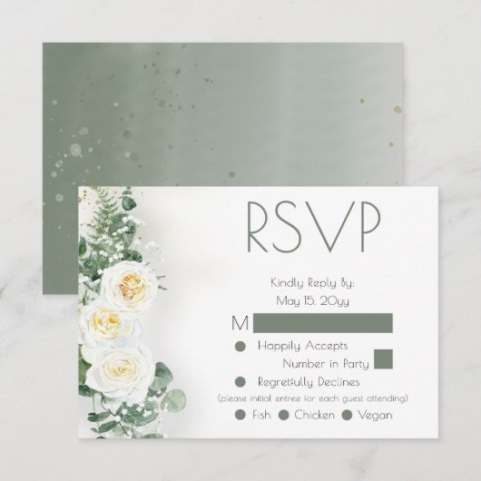 ダスティセージグリーンのフラワーの結婚式RSVP返信カード 出欠カード (正面/裏面)
