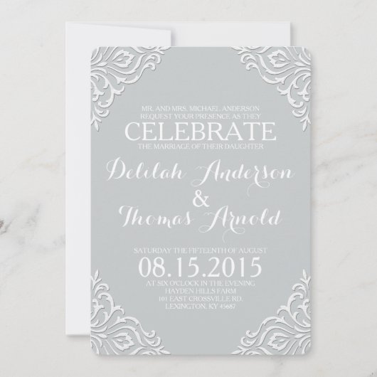 ダスティダマスクフィリグリーエレガントウェディング招待状 招待状 (正面)