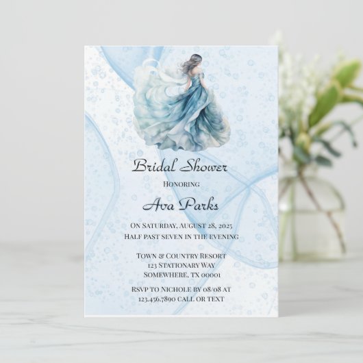 ダスティネイビーブルーアルコールインクドレスブライダルシャワー 招待状 (スタンド正面)