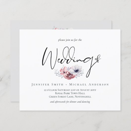 ダスティネイビーブルーコーラルフローラスクリプトウェディング招待 (正面/裏面)